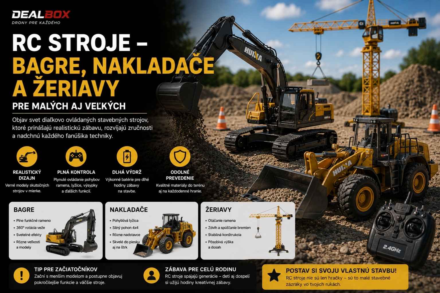 RC stroje – bagre, nakladače a žeriavy pre malých aj veľkých)